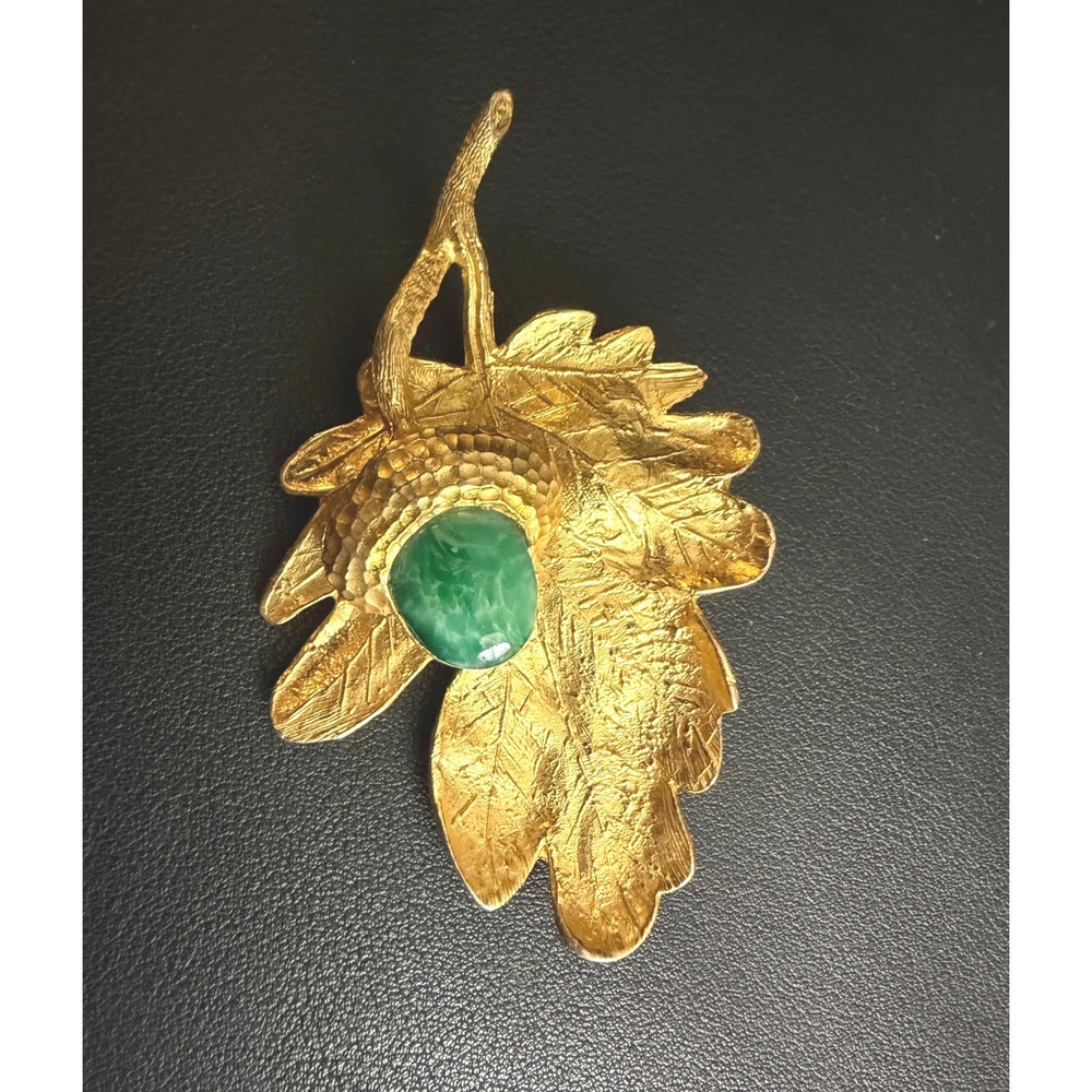 Vintage Acorn Brooch Pin Green Gold Tone Botanical Oak Leaf Fall